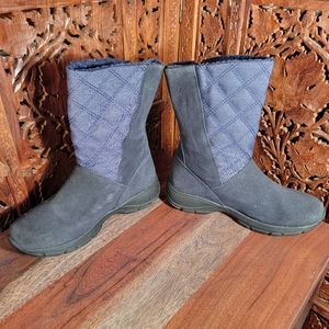 Lands' End Quilted Navy Blue with Black Suede Lined Winter Boots, Size 7.5